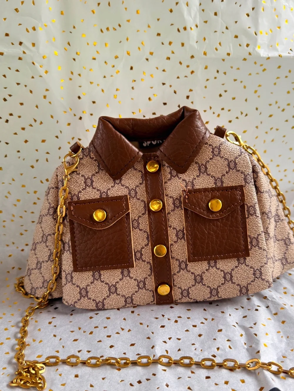 Brown Patterned Jacket-Style Crossbody Bag